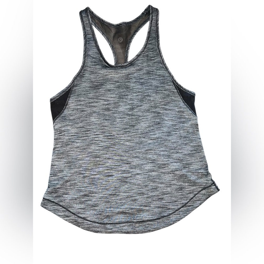 Lululemon Heathered Gray Tank with Black Mesh Back – Size 4
